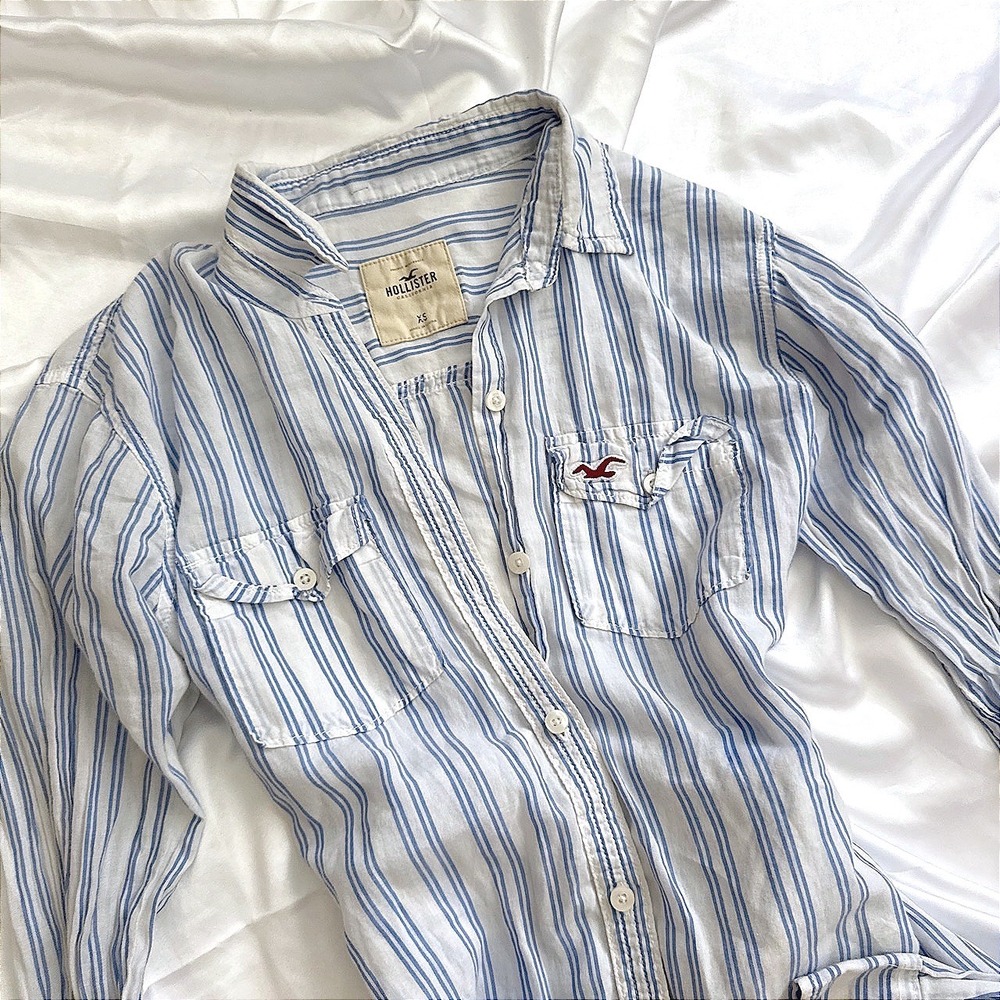 Hollister Blue White Striped Button Down Shirt Long Sleeve XS Womens